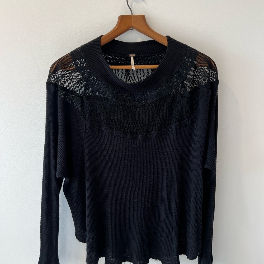 Free People Black Boxy Ribbed Knit with Lace Detail